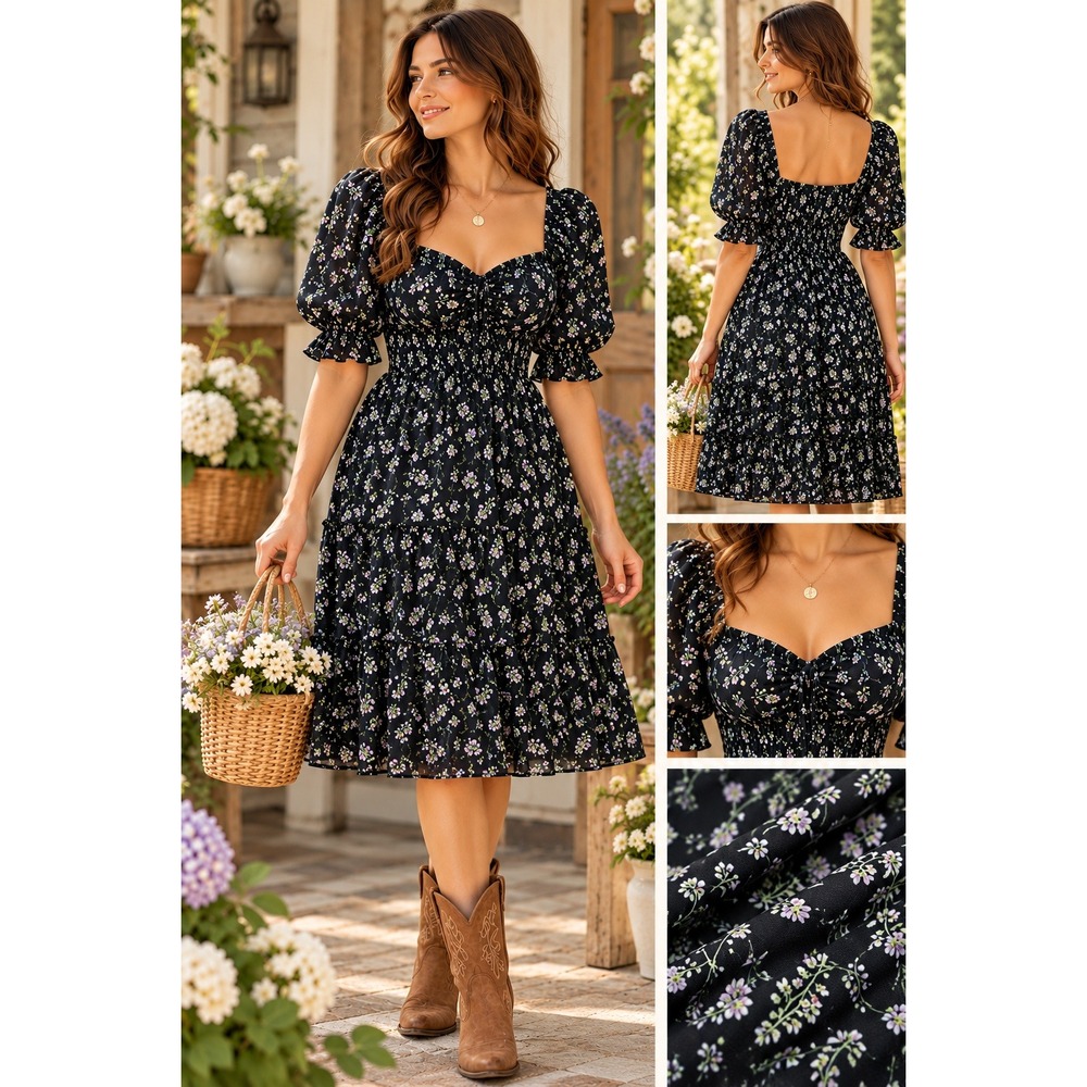 Women Floral Smocked Dress Black Purple Ruffle Sweetheart M Cottagecore Boho